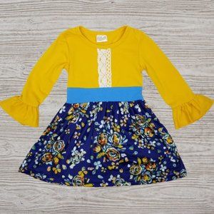 Mustard Yellow Navy Floral Bell Sleeve Dress